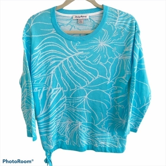 Tommy Bahama Aqua and White Island Bloom Tie Sweater Sz XS - Picture 1 of 6
